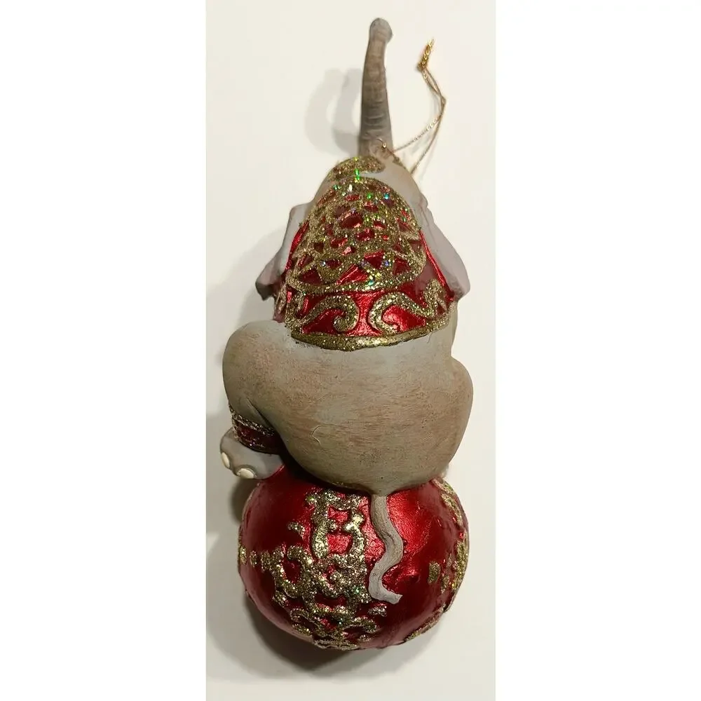 Rare Vintage Mark Robert’s Circus Elephant On Ball Ornament Red w/Gold Glitter